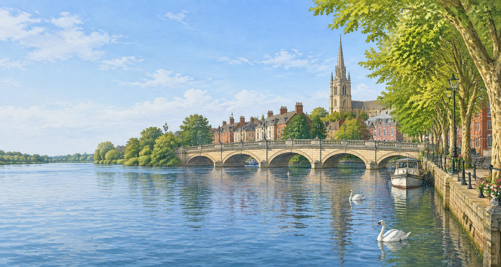 Artist's impression of Bedford Town Bridge over the River Great Ouse, with St Paul's Church and the tree-lined Embankment