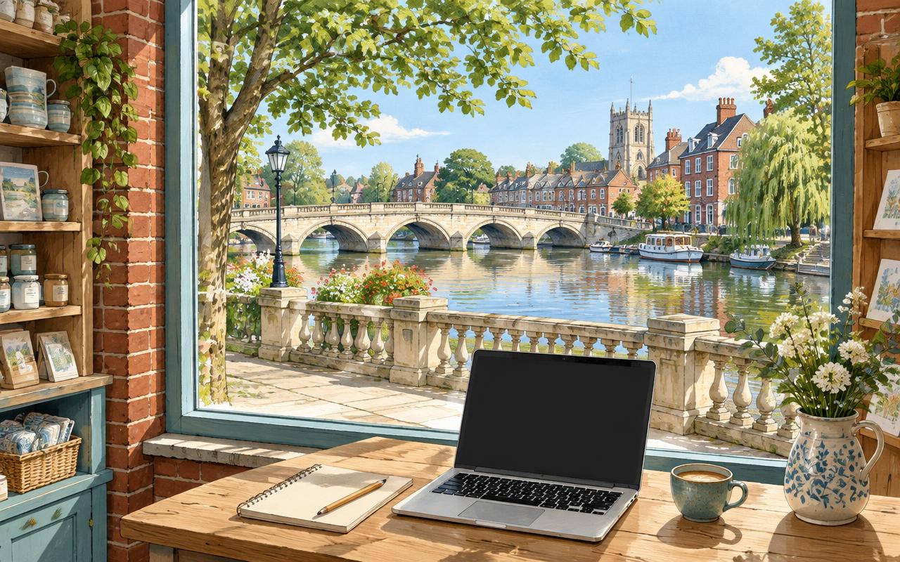 Artist's impression of an unnamed Bedford shop counter and laptop, with Town Bridge and the Great Ouse beyond
