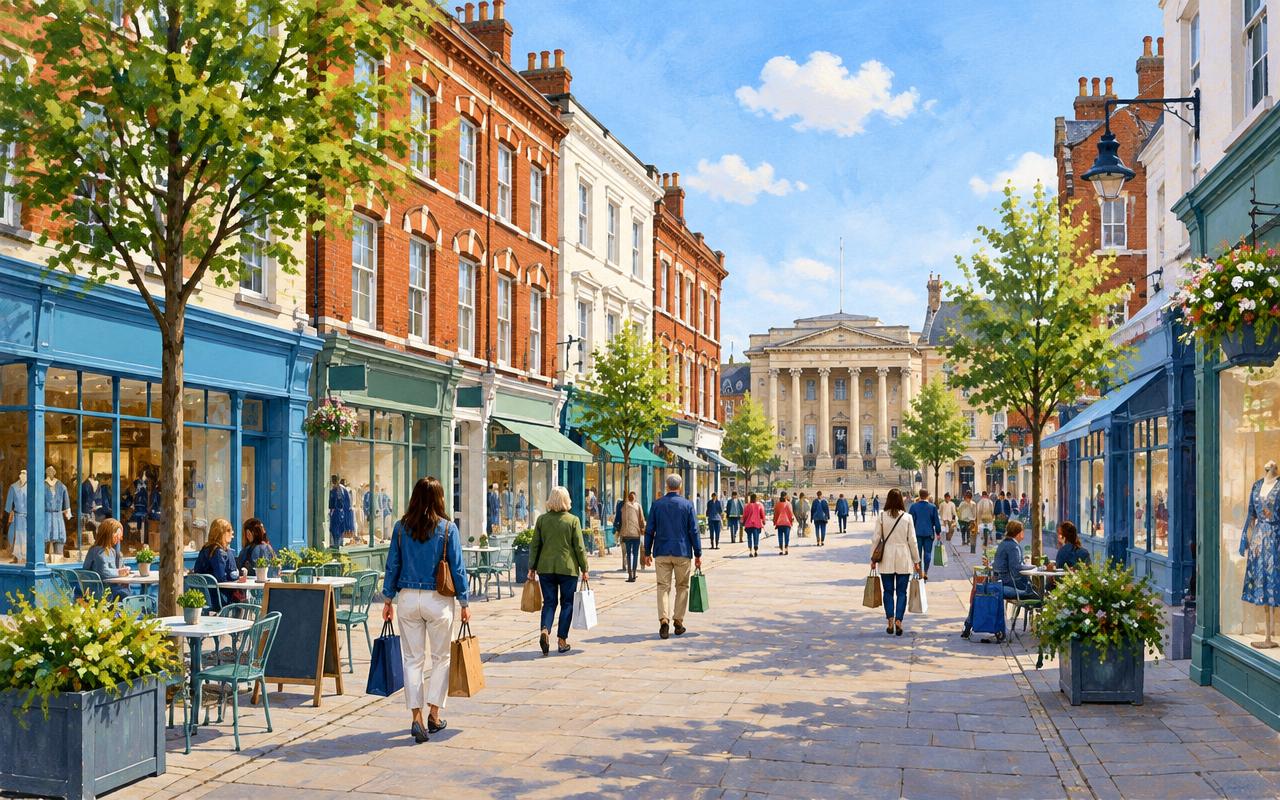 Artist's impression of Bedford town-centre shopping streets, with the classical Harpur Suite facade suggested beyond